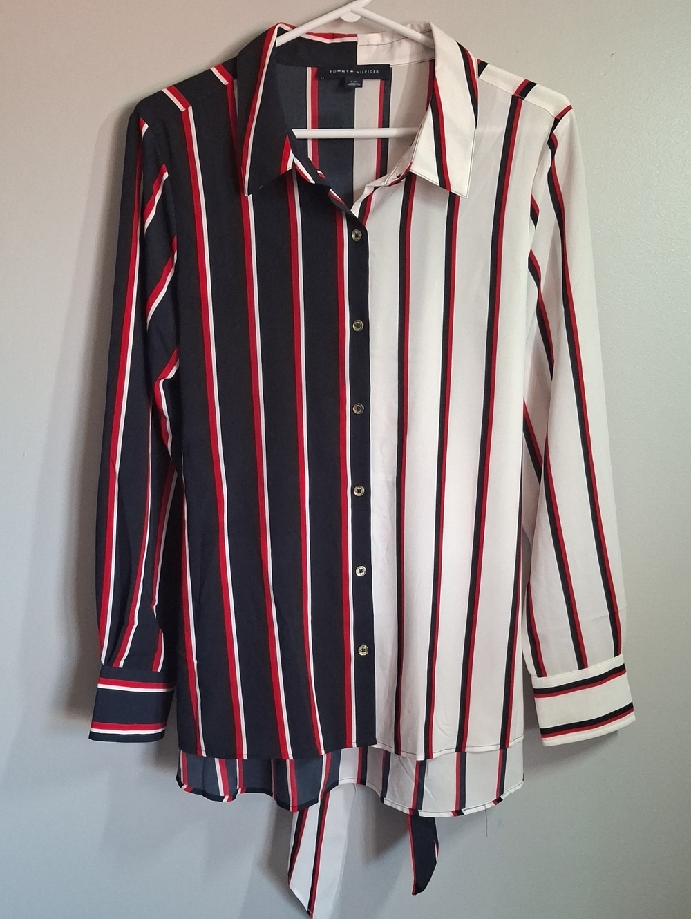 Tommy Hilfiger Red Navy White Stripe Button Up Tie Waist Blouse Size Large